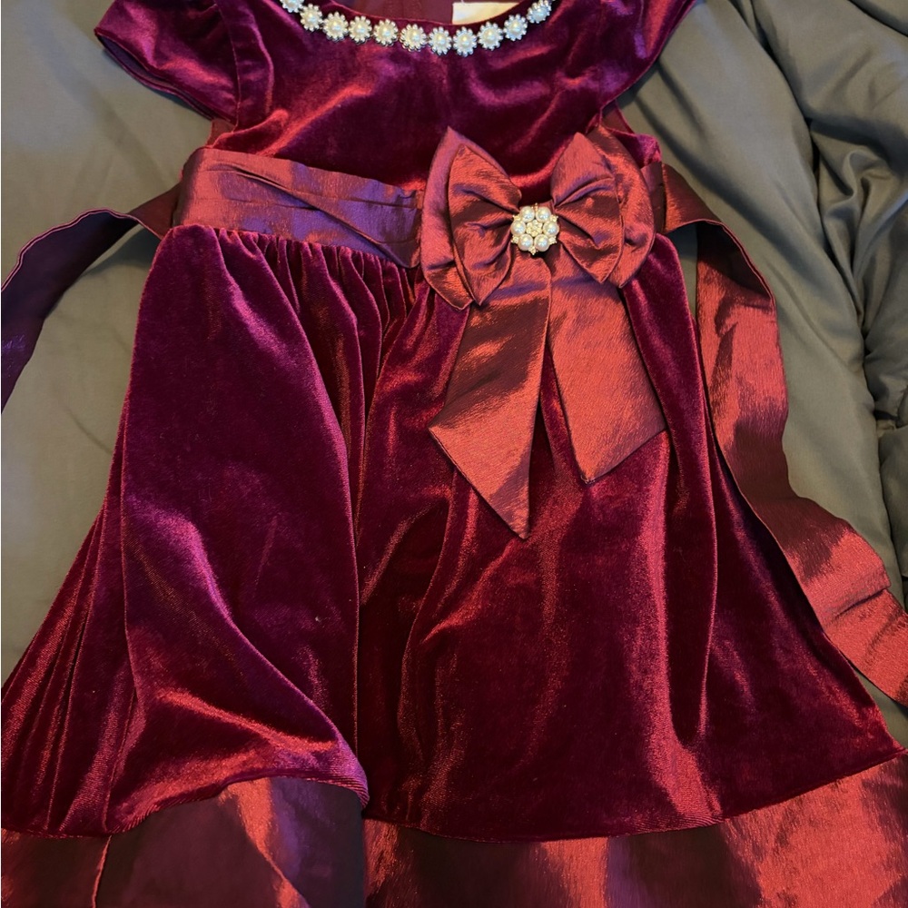 Rare Editions Burgundy Velvet Dress with Bow
